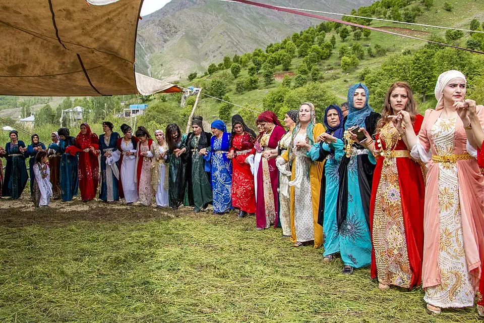 Invitées en robes de fête qui dansent en ligne